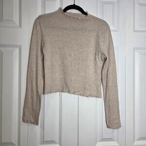 LUSH Tan Crop Sweater Scalloped Edges Lightweight Soft Medium